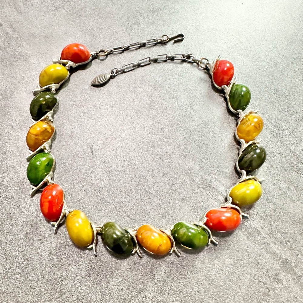 Vintage Bakelite Multi Colored Cabochon Necklace Choker Silver Tone Mod Spring